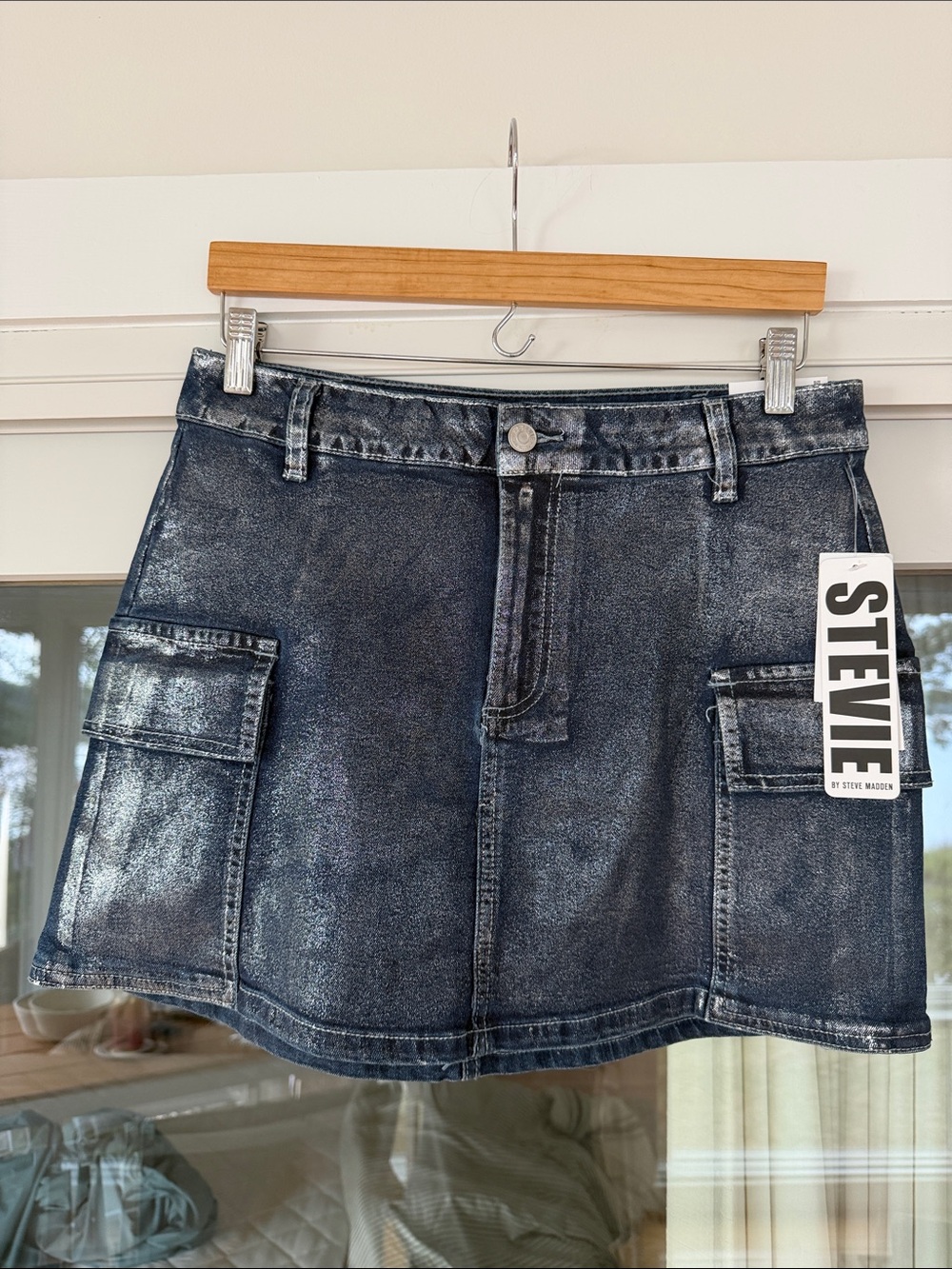 Steve Madden Shimmer Black Denim Cargo Mini Skirt